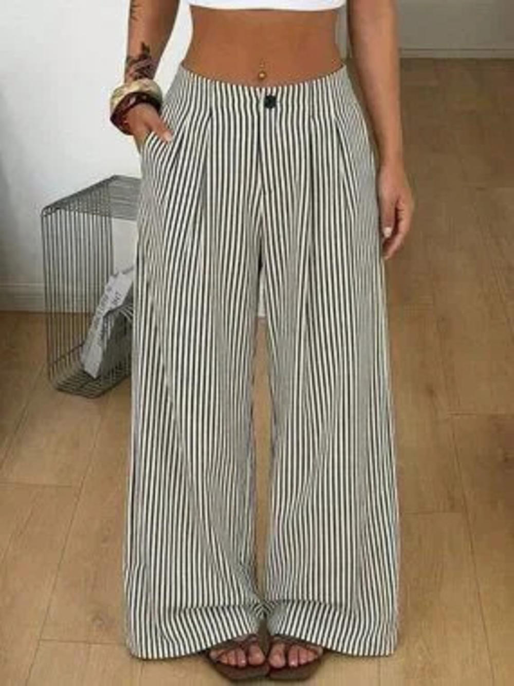 Black Casual Women's Striped Wide Leg Pants